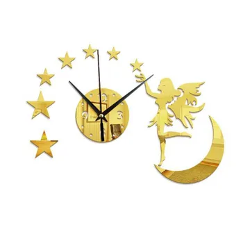 Criativo DIY Espelho Acrílico Relógio de Parede Relógio de Quartzo de Arte Moderna de Decalque de Decoração de Casa de Estrela, Lua Menina Espelho Adesivo Acrílico Relógio