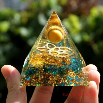 Novo Orgonite Pirâmide Olho de Tigre Esfera Com Quartzo Azul Roda de Engrenagem Proteção EMF Orgone Pirâmide de Cristal de Cura Reiki Meditação