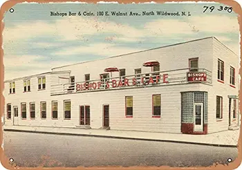 Metal SignNew Jersey Cartão - Postal Bispos Bar & Café, 100 E. Nogueira Ave, North Wildwood, N. J. - Vintage Enferrujado Olhar